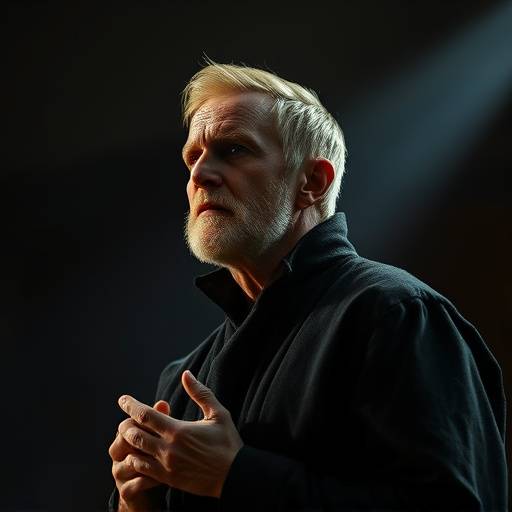 Dramatisk scenebillede fra 'Hamlet' med skuespiller Lars Mikkelsen i en følelsesladet monolog.