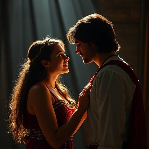 Scenebillede fra en moderne fortolkning af 'Romeo og Julie' med intense lys- og skyggeeffekter.