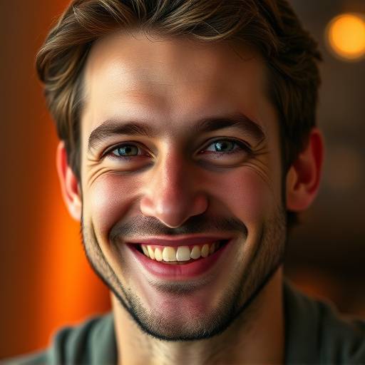 Skuespiller, der smiler, farvebillede der viser et varmt og imødekommende headshot.