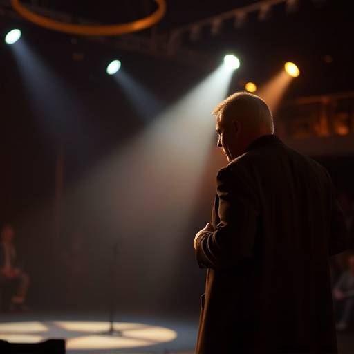 Skuespiller i en dramatisk scene fra et teaterstykke, indfanget med stor dybde og atmosfære.